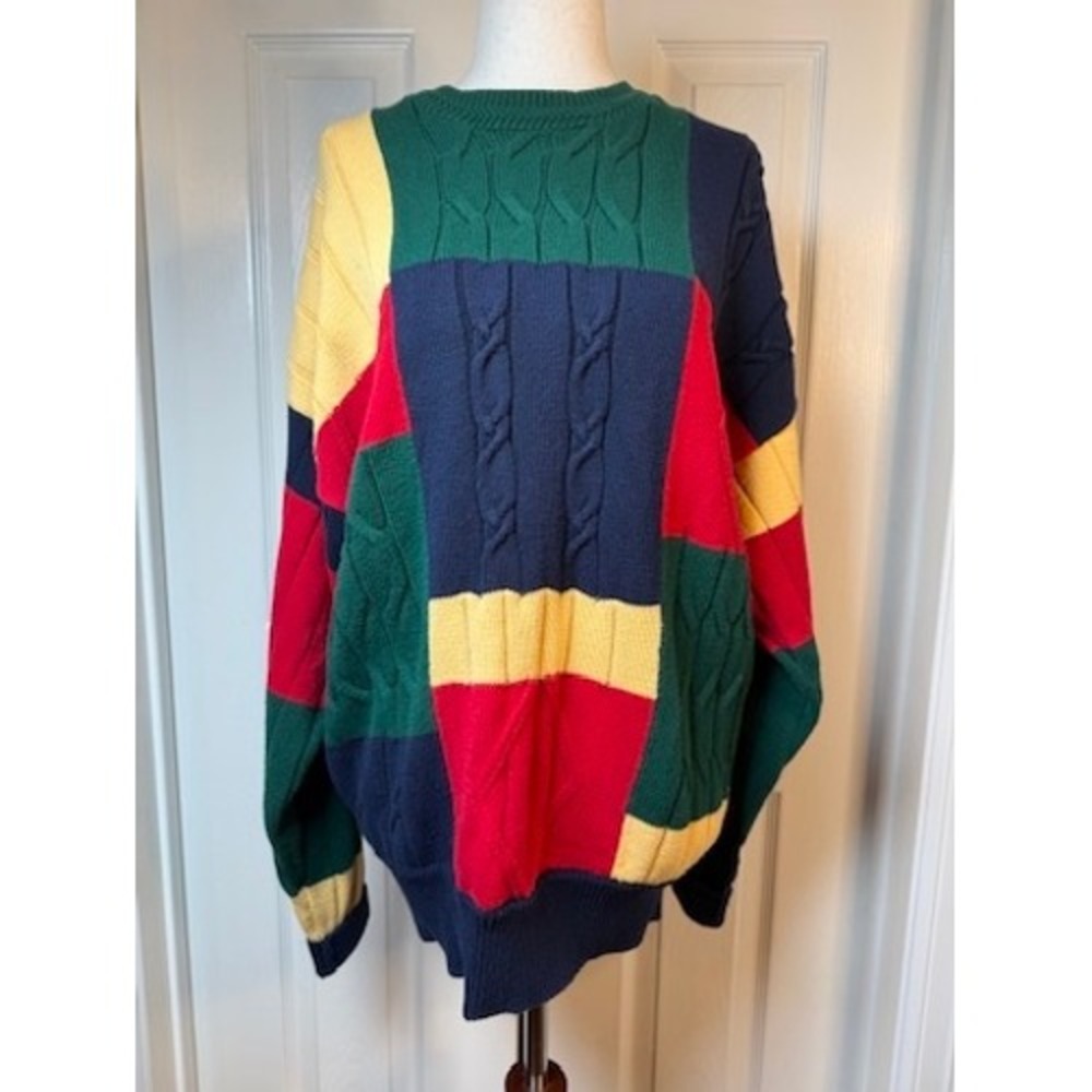 Vintage Nautica Colorblock Cable Knit Sweater Mens Medium‎ Primary Colors 90s